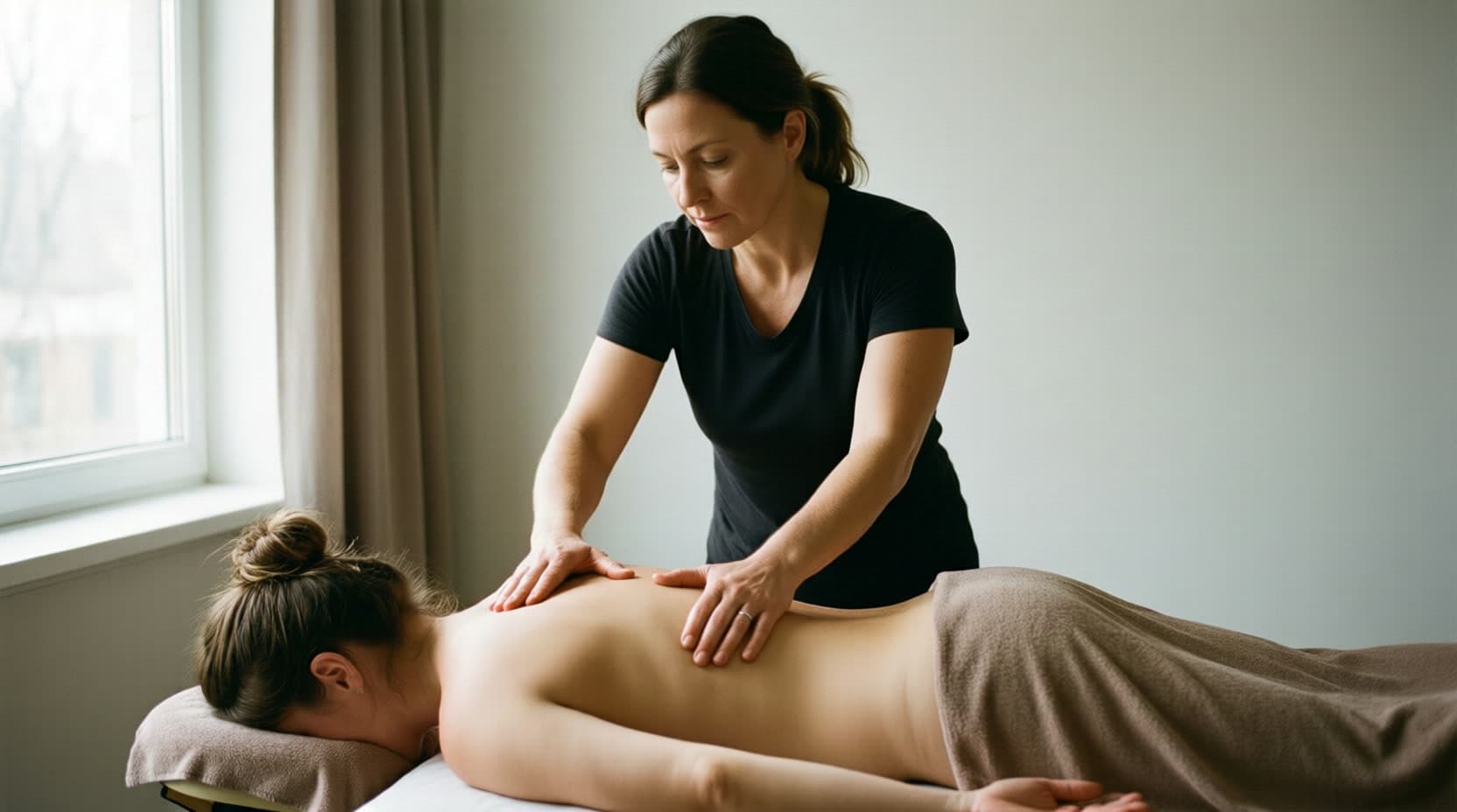 Therapist applying slow, sustained pressure with both palms along a client's upper back