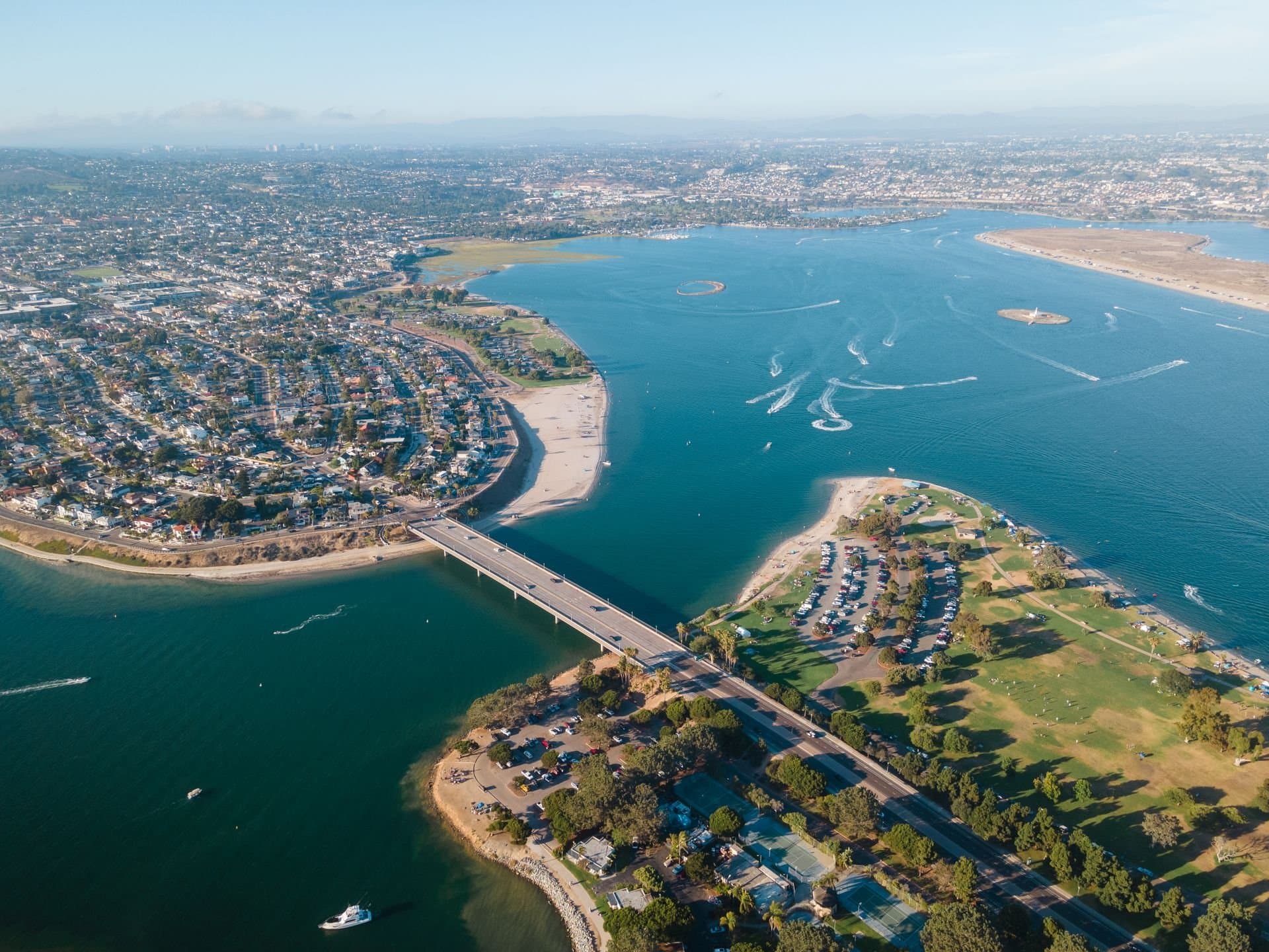 Aerial view over Mission Bay, which Bay Park overlooks