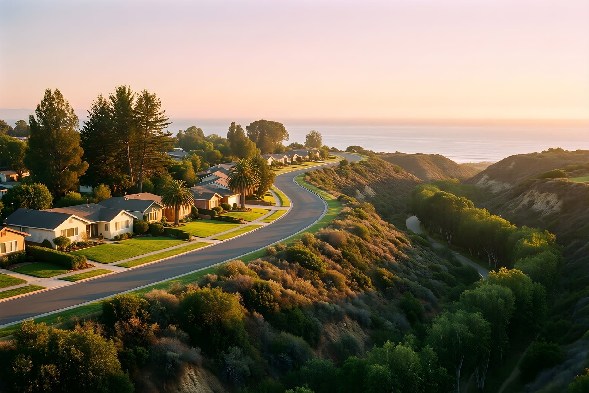 A curving street of ranch homes along a canyon rim with ocean haze beyond