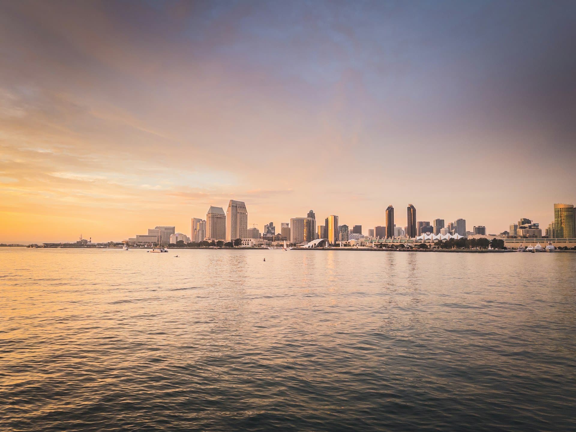 Downtown San Diego skyline across the bay at sunset