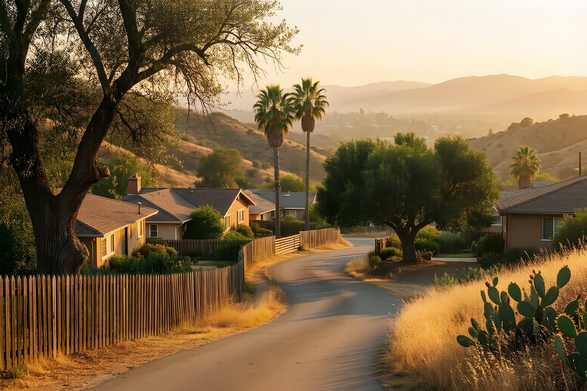 A winding lane over gentle hills with pepper trees, palms, and prickly pear