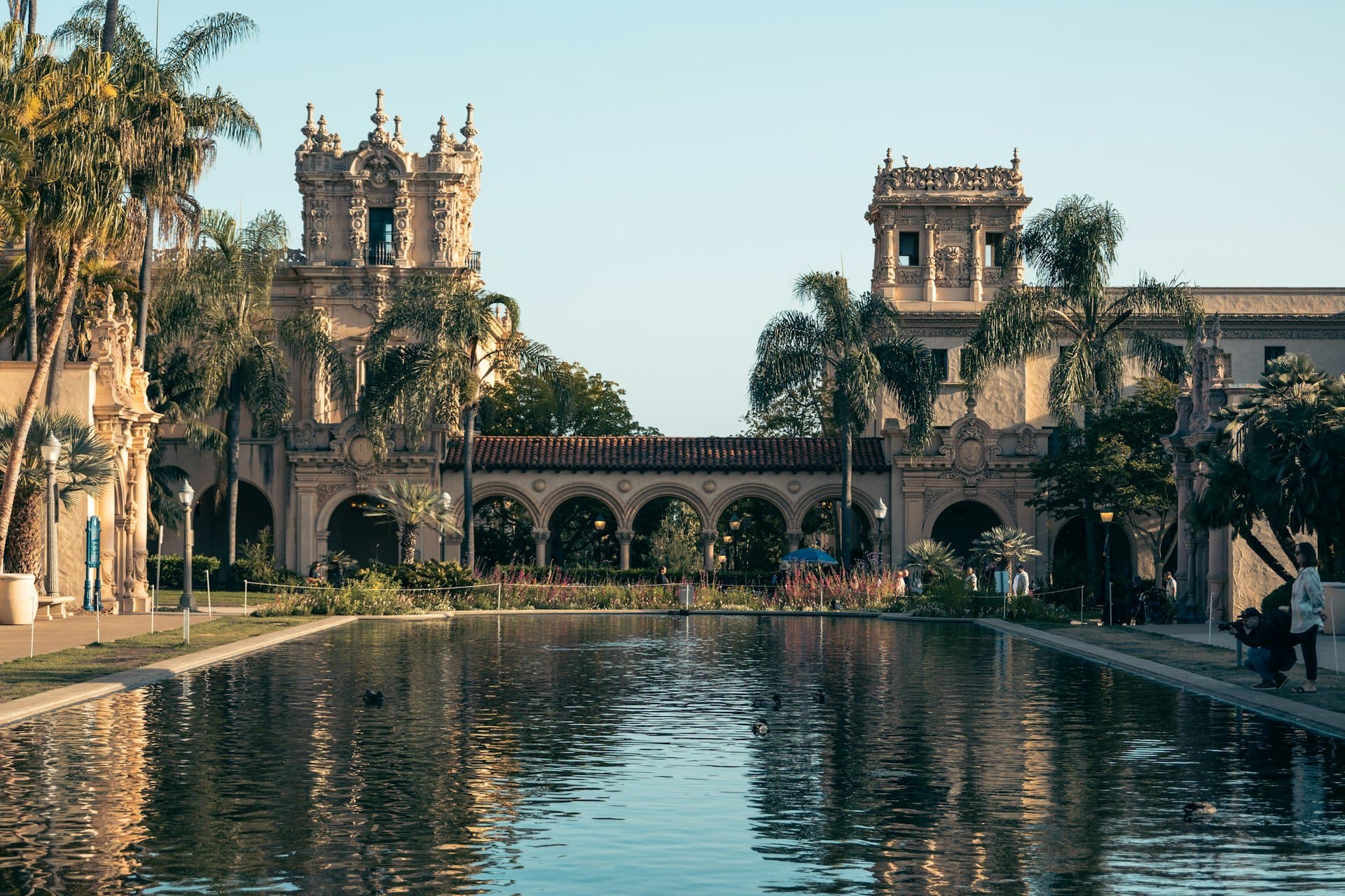 The Balboa Park lily pond and California Tower beside Golden Hill