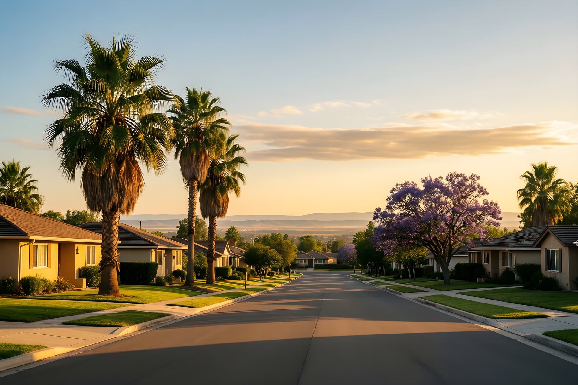 A flat palm-lined street of mid-century homes under a wide evening sky