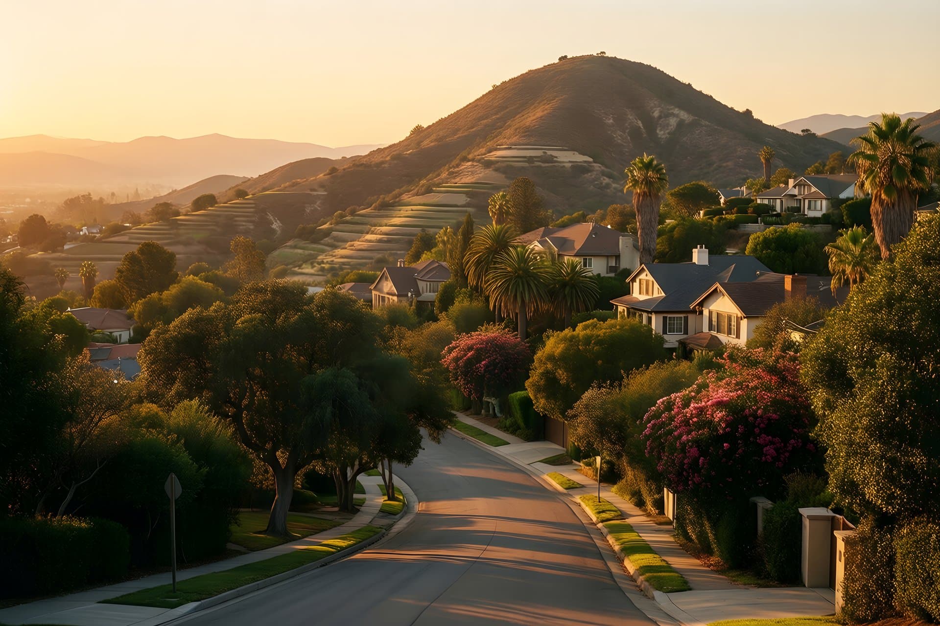 Hillside homes among oaks and palms beneath a rounded peak at dusk