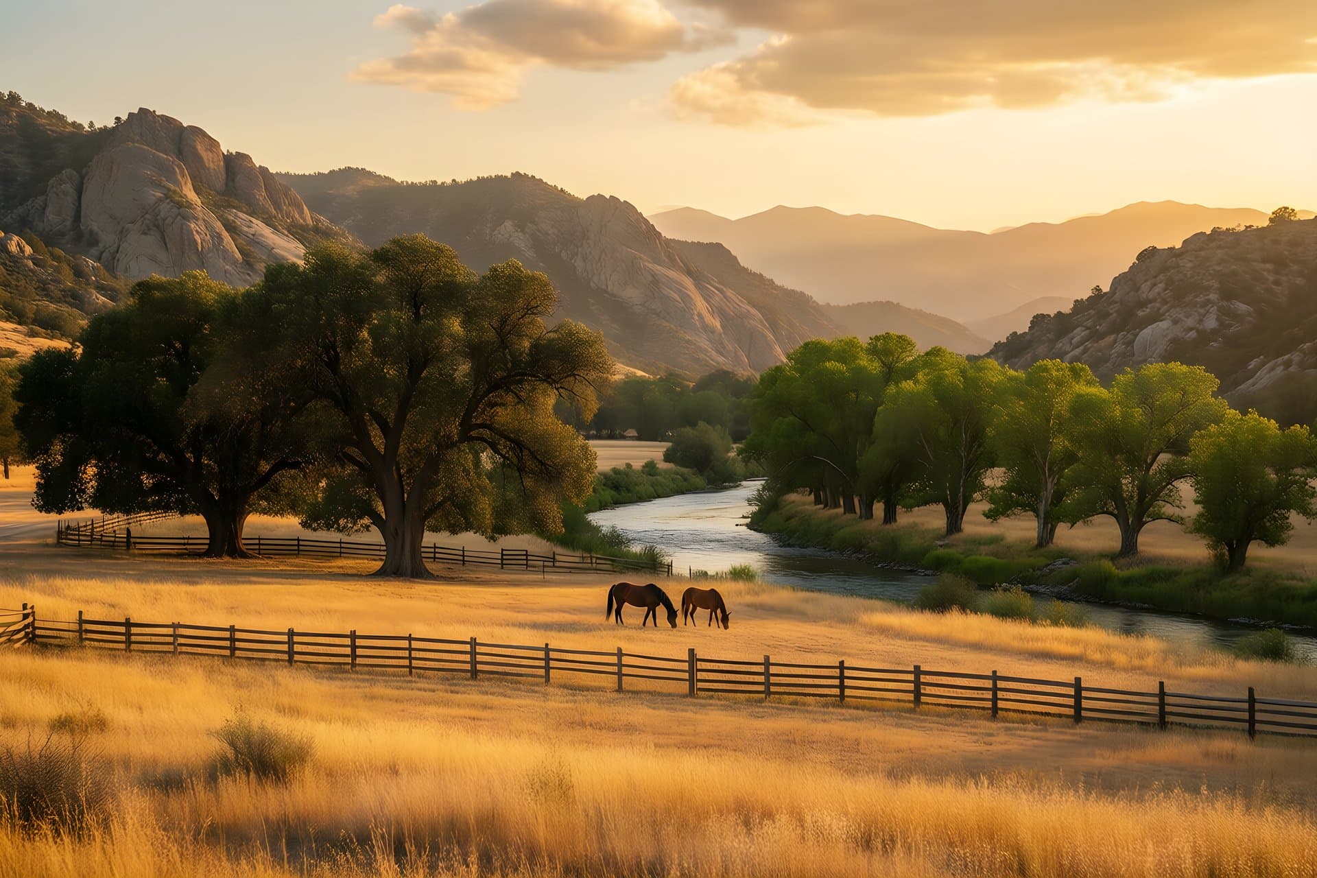 Horses grazing behind a rail fence beside an oak-lined river valley