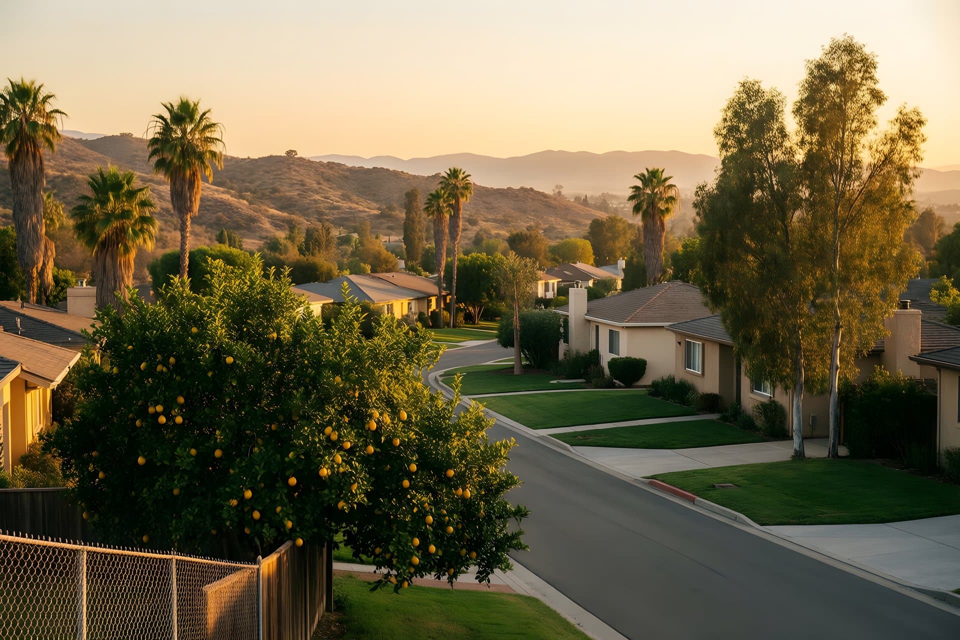 A backyard lemon tree heavy with fruit on a sunlit suburban street