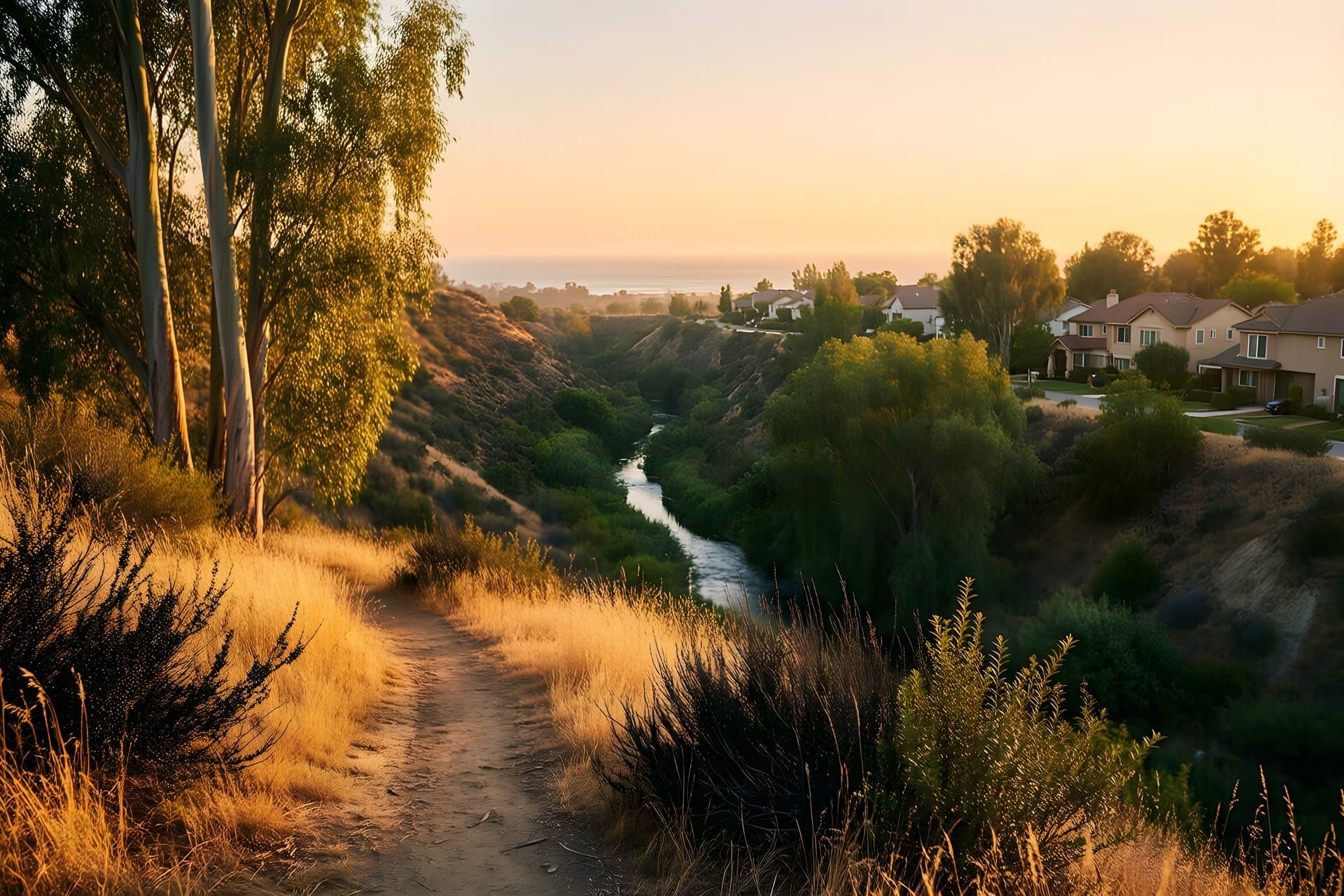 A mesa-rim trail overlooking a canyon creek beside suburban rooftops
