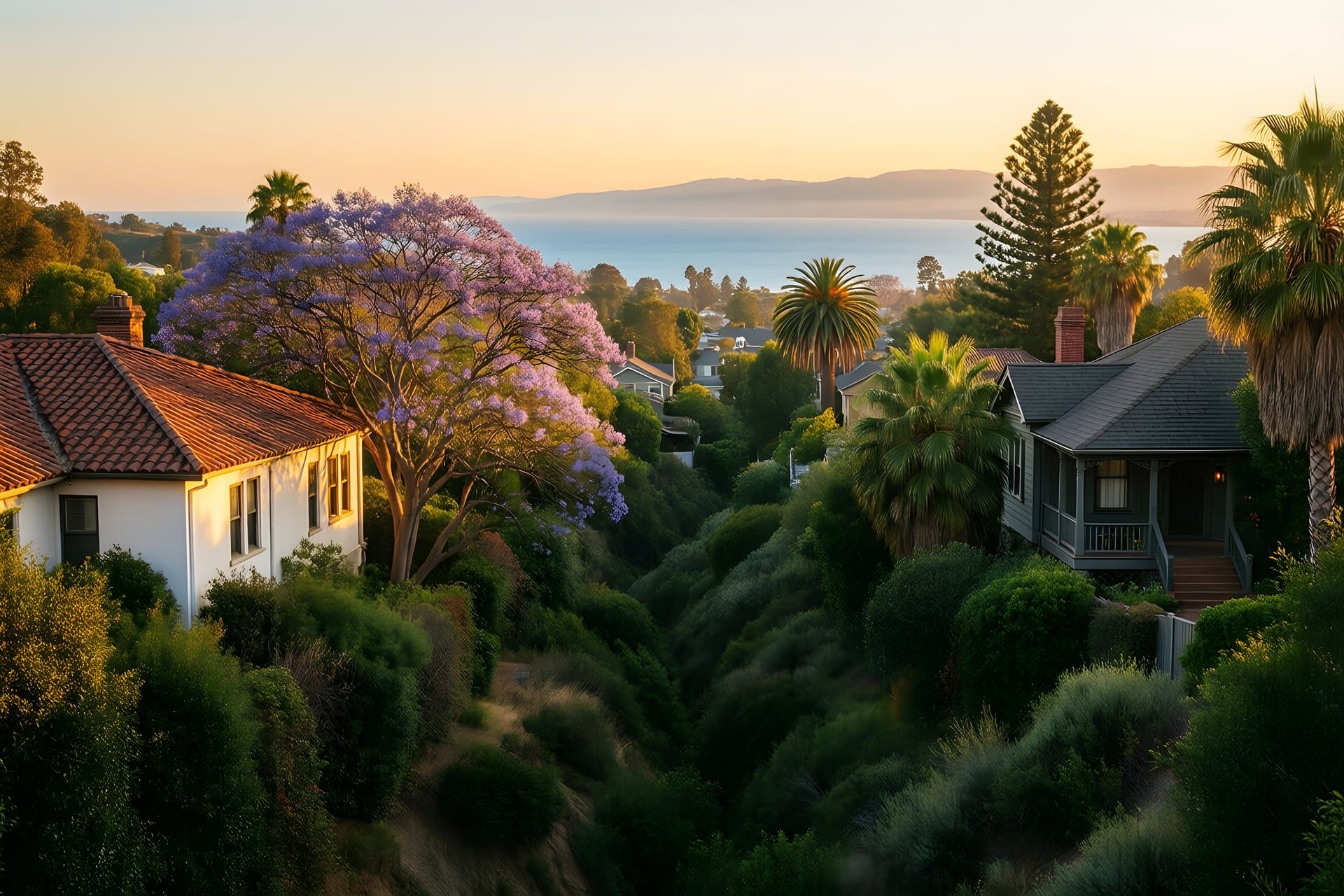 Jacaranda blooms over canyon-rim rooftops with a distant glimpse of the bay