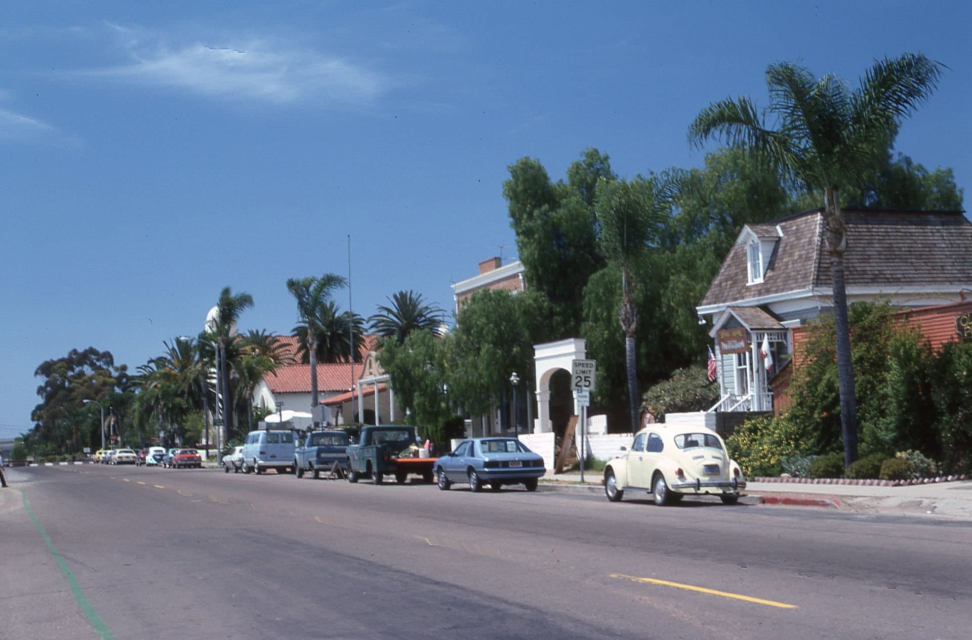 A palm-lined street of vintage San Diego bungalows