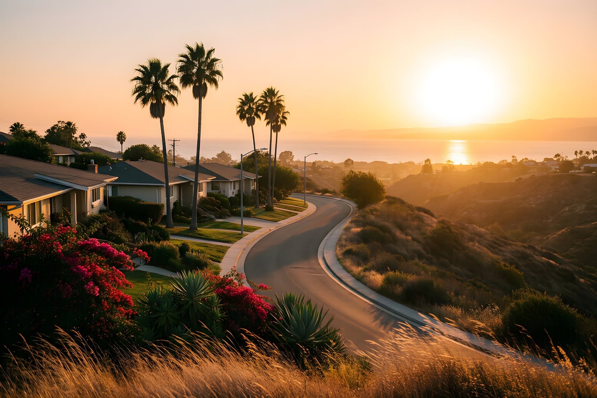 Ranch homes and palms on a hilltop street above a shimmering bay at sunset