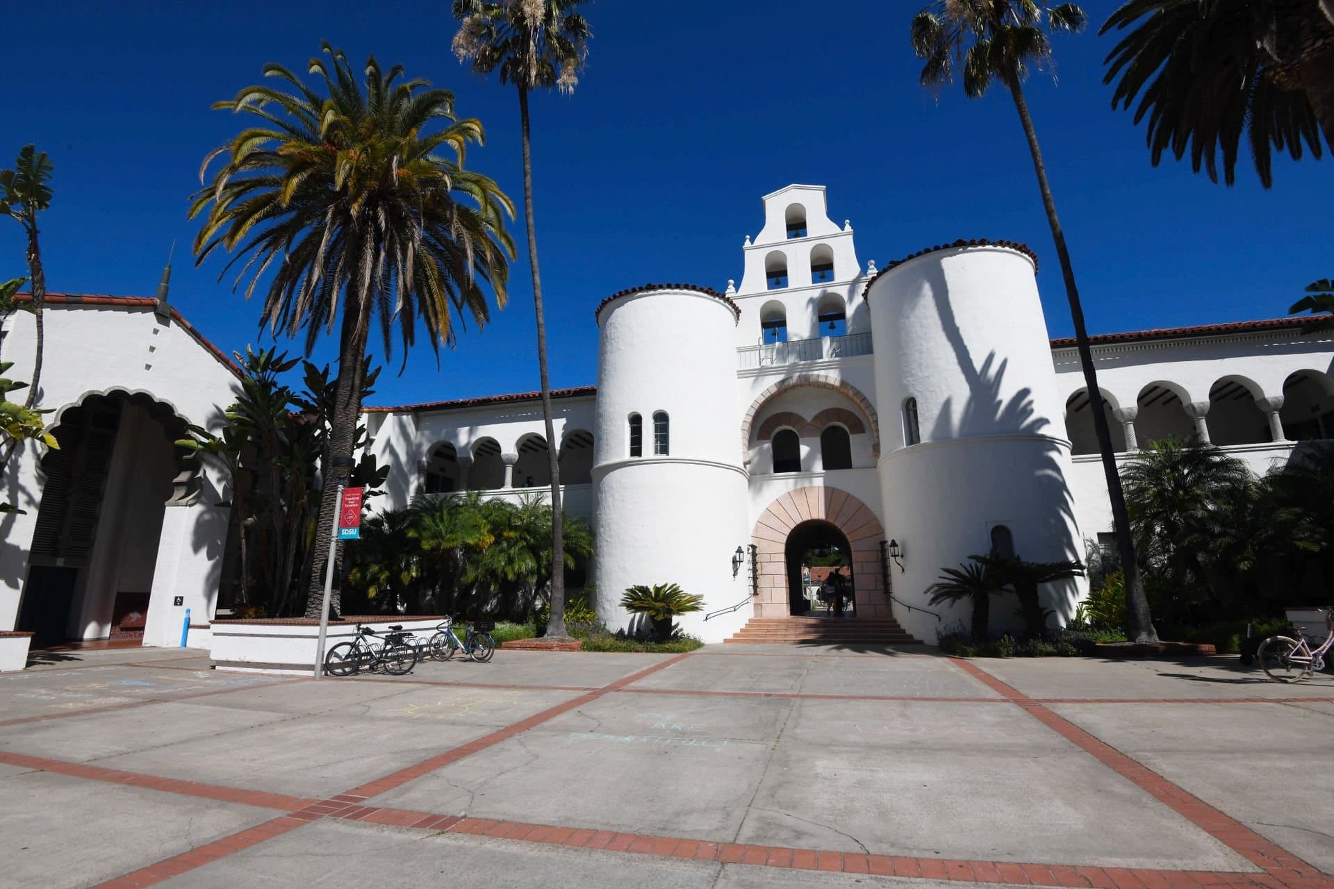 Spanish-revival campus architecture at SDSU beside Rolando
