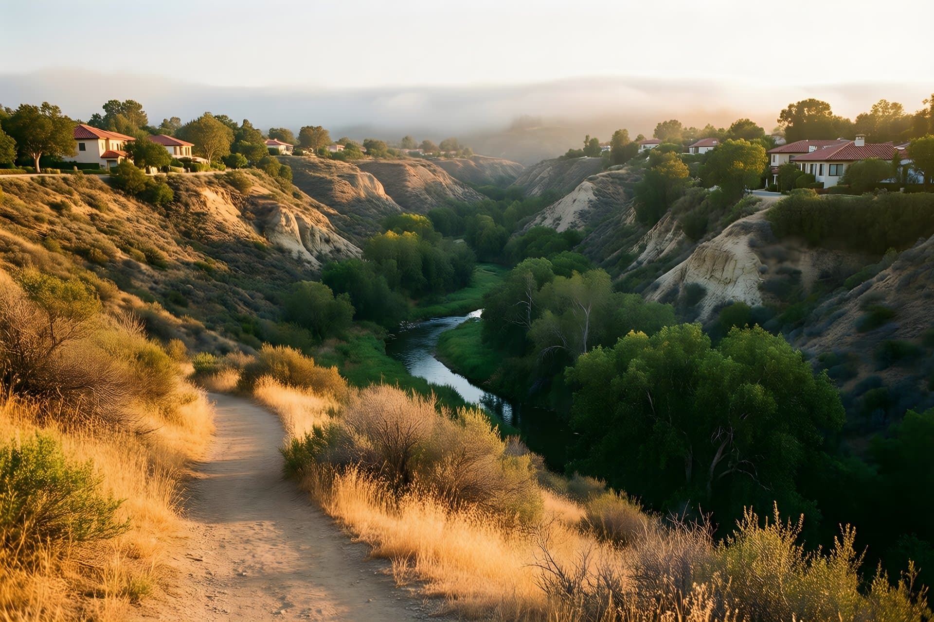 A chaparral canyon with a green creek ribbon below ridge-top homes at golden hour
