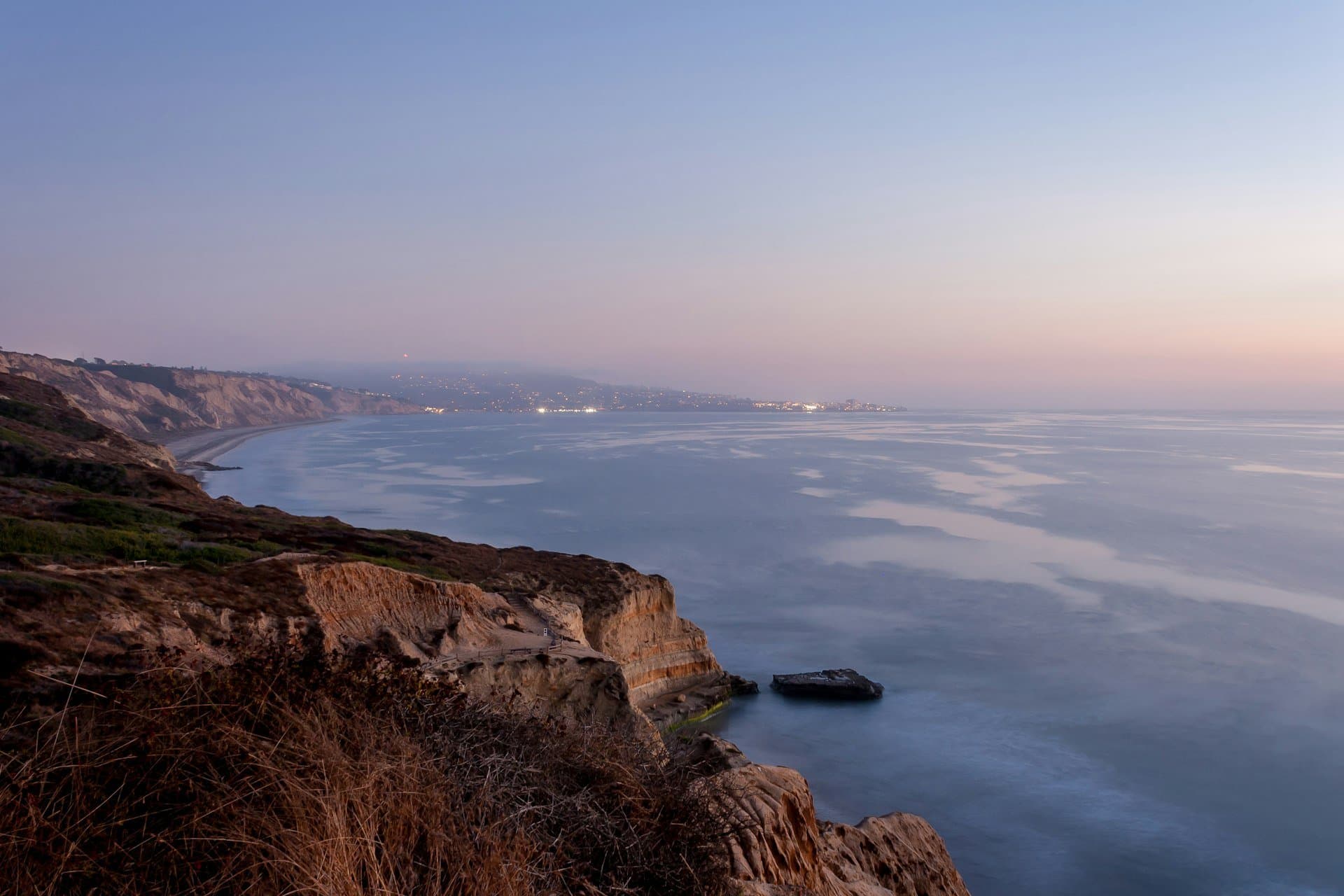Sandstone cliffs at dusk in Torrey Pines State Natural Reserve
