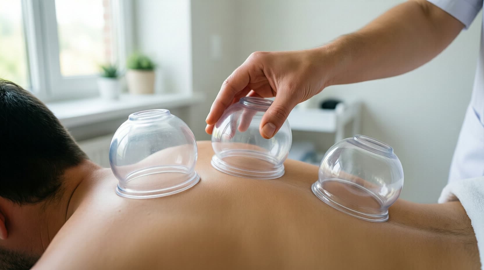 Translucent silicone cupping cups applying gentle suction along a client's back