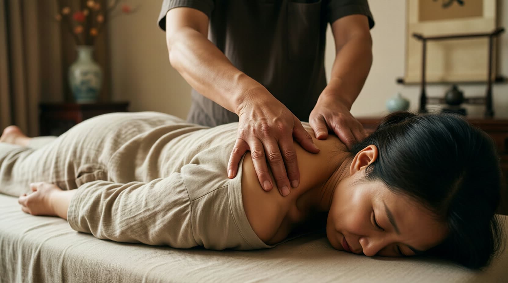 Rhythmic kneading of a client's shoulders through comfortable clothing during a tui na session